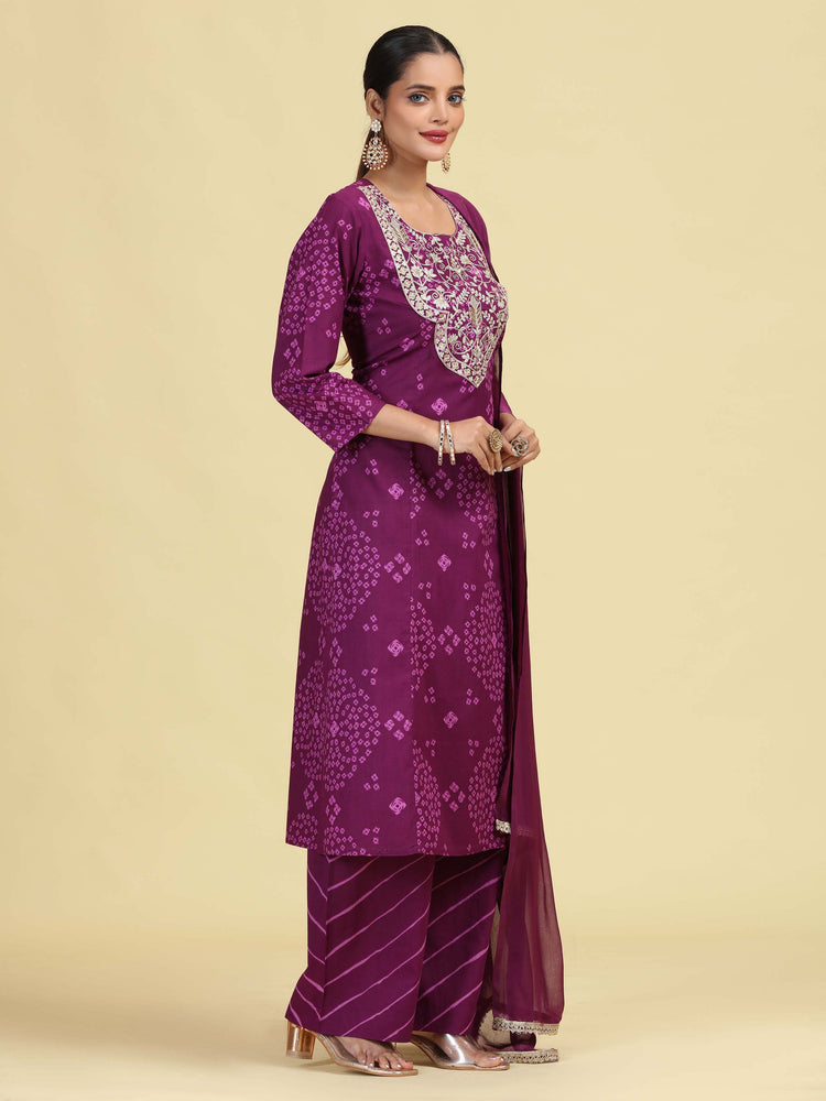 Purple Straight Pure Cotton Embroidered Ethnic Kurta Set