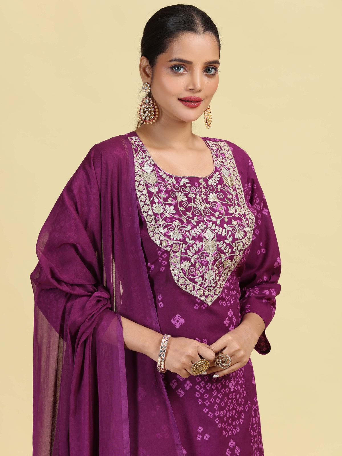 Purple Straight Pure Cotton Embroidered Ethnic Kurta Set