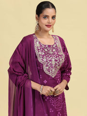 Purple Straight Pure Cotton Embroidered Ethnic Kurta Set