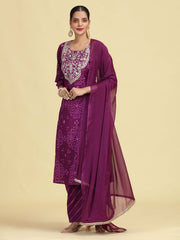 Purple Straight Pure Cotton Embroidered Ethnic Kurta Set
