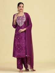 Purple Straight Pure Cotton Embroidered Ethnic Kurta Set