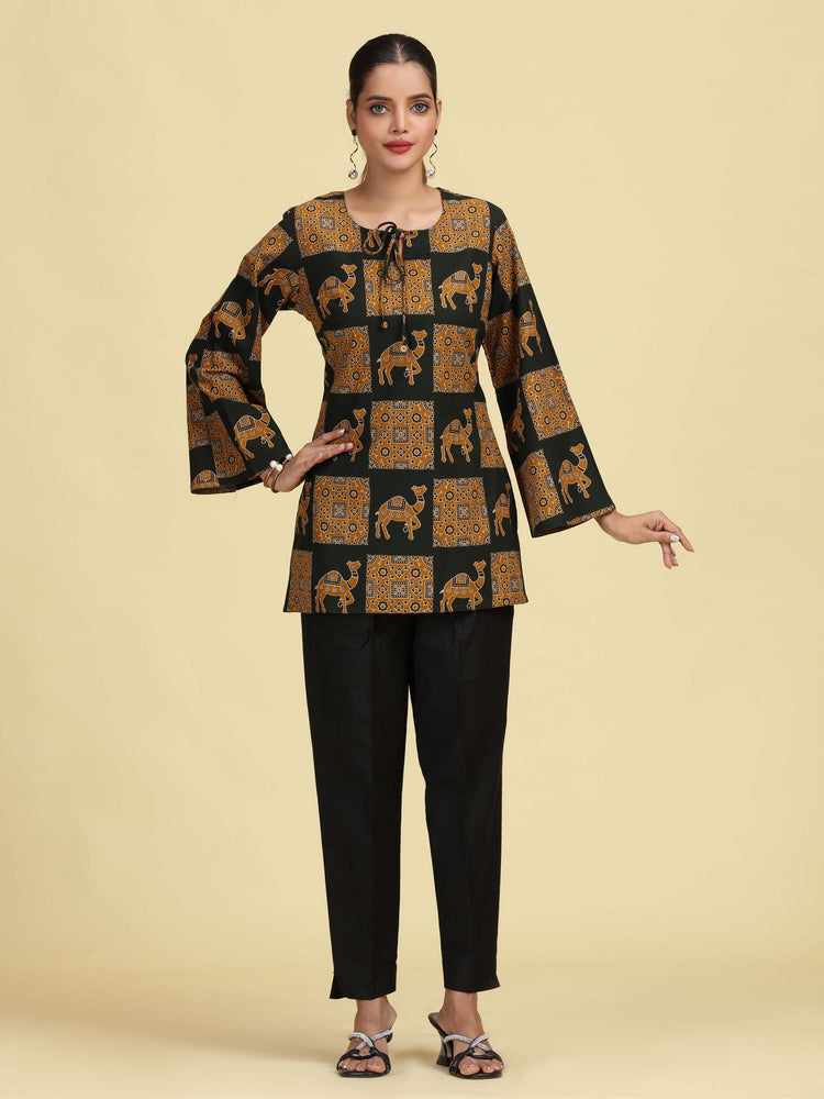 Olive Green Pure Cotton camel Printed Short Kurti
