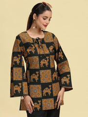 Olive Green Pure Cotton camel Printed Short Kurti