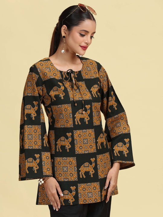 Olive Green Pure Cotton camel Printed Short Kurti