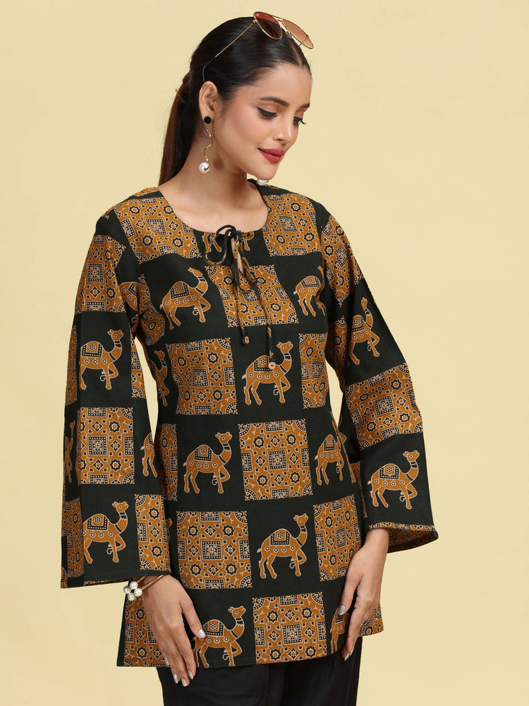 Olive Green Pure Cotton camel Printed Short Kurti