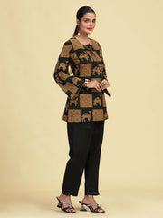 Olive Green Pure Cotton camel Printed Short Kurti