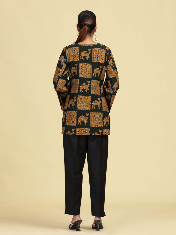 Olive Green Pure Cotton camel Printed Short Kurti