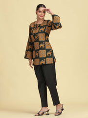 Olive Green Pure Cotton camel Printed Short Kurti