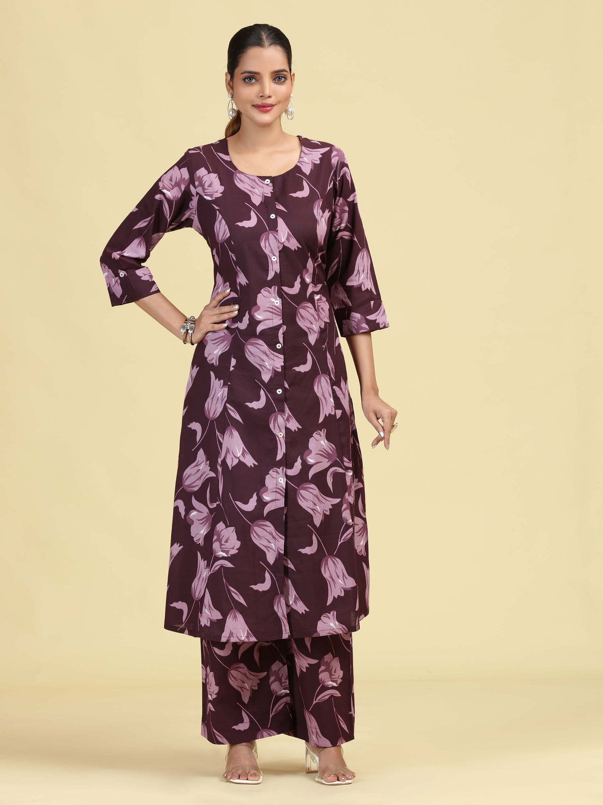 Dark Purple Pure Cotton Floral Printed Co-Ord