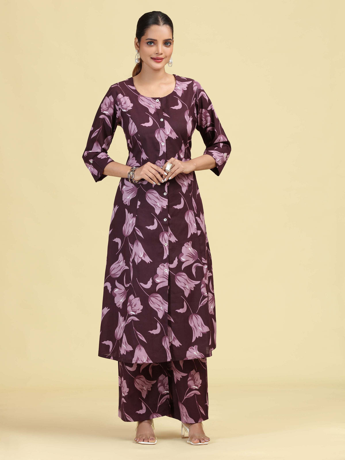 Dark Purple Pure Cotton Floral Printed Co-Ord