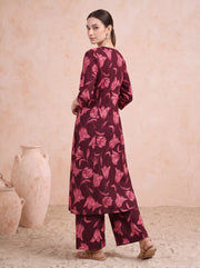 Dark Maroon Pure Cotton Floral Printed Co-Ord