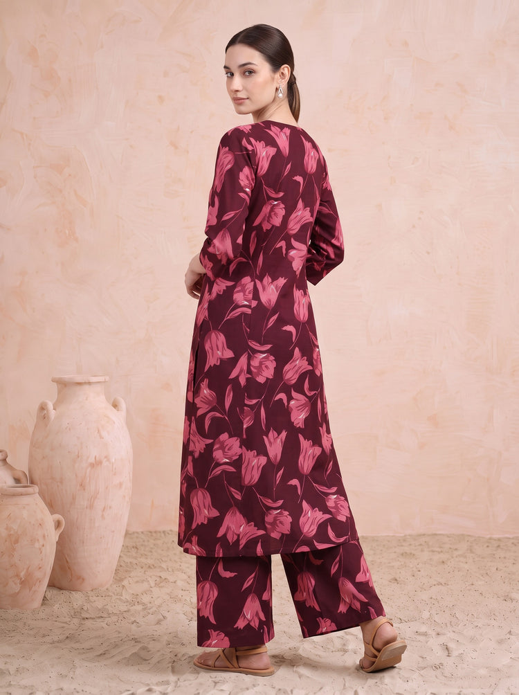 Dark Maroon Pure Cotton Floral Printed Co-Ord