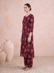 Dark Maroon Pure Cotton Floral Printed Co-Ord