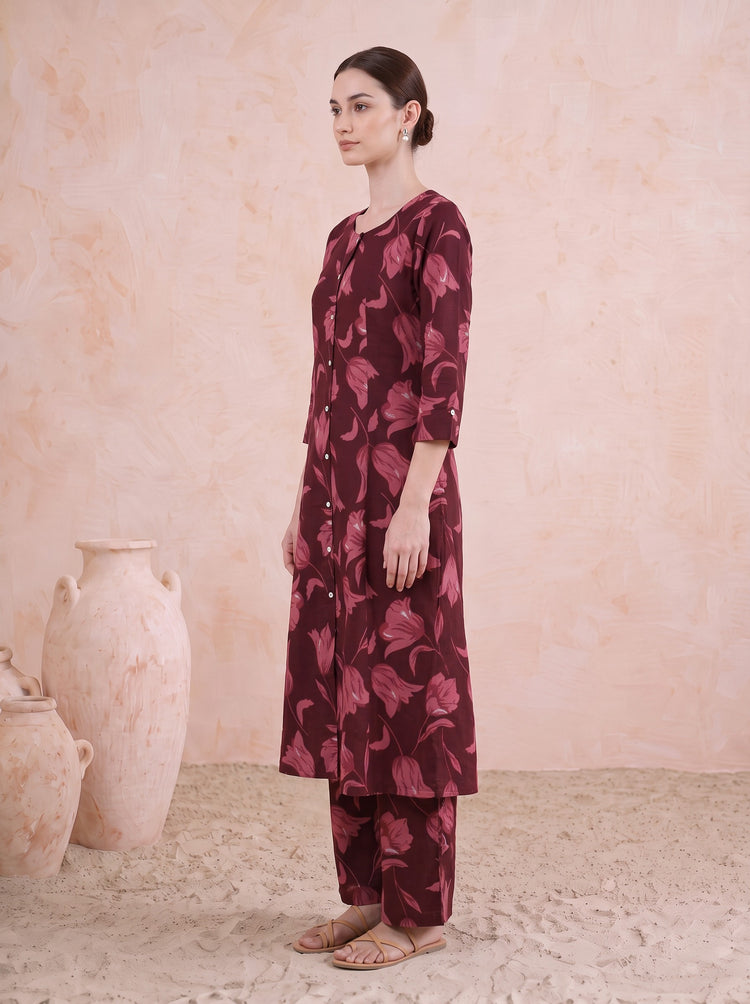 Dark Maroon Pure Cotton Floral Printed Co-Ord