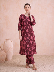 Dark Maroon Pure Cotton Floral Printed Co-Ord