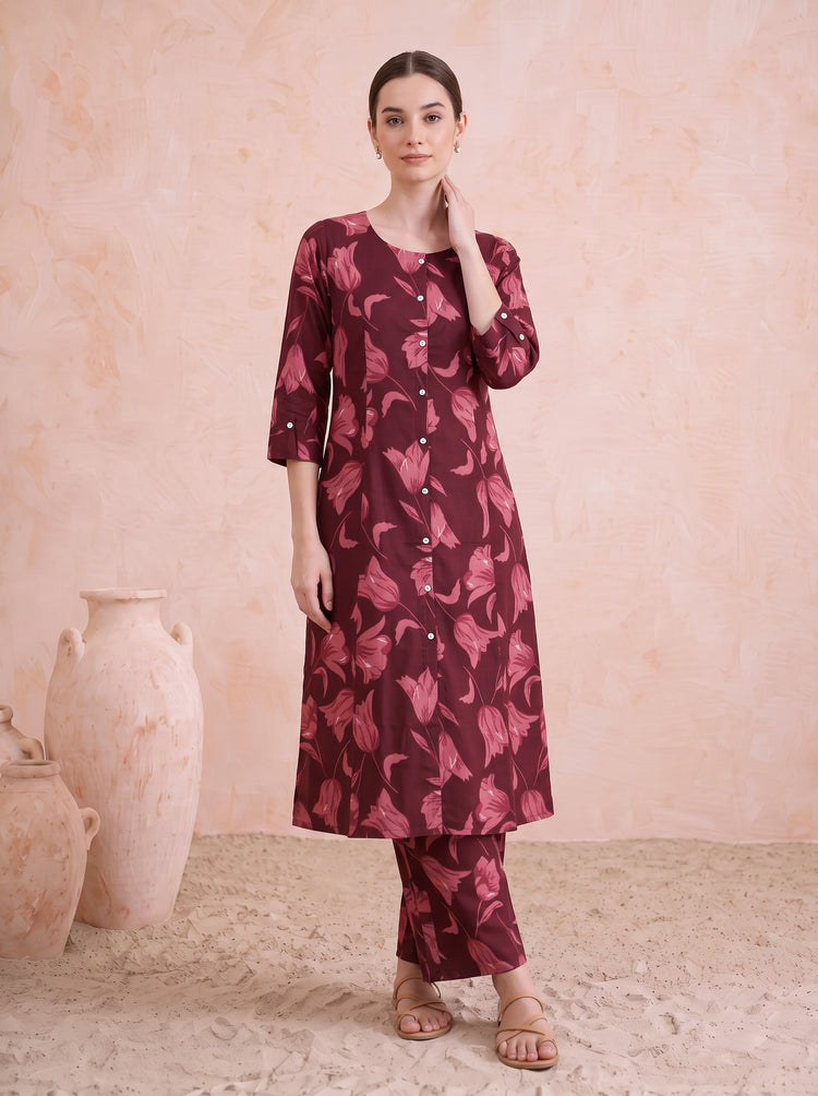 Dark Maroon Pure Cotton Floral Printed Co-Ord