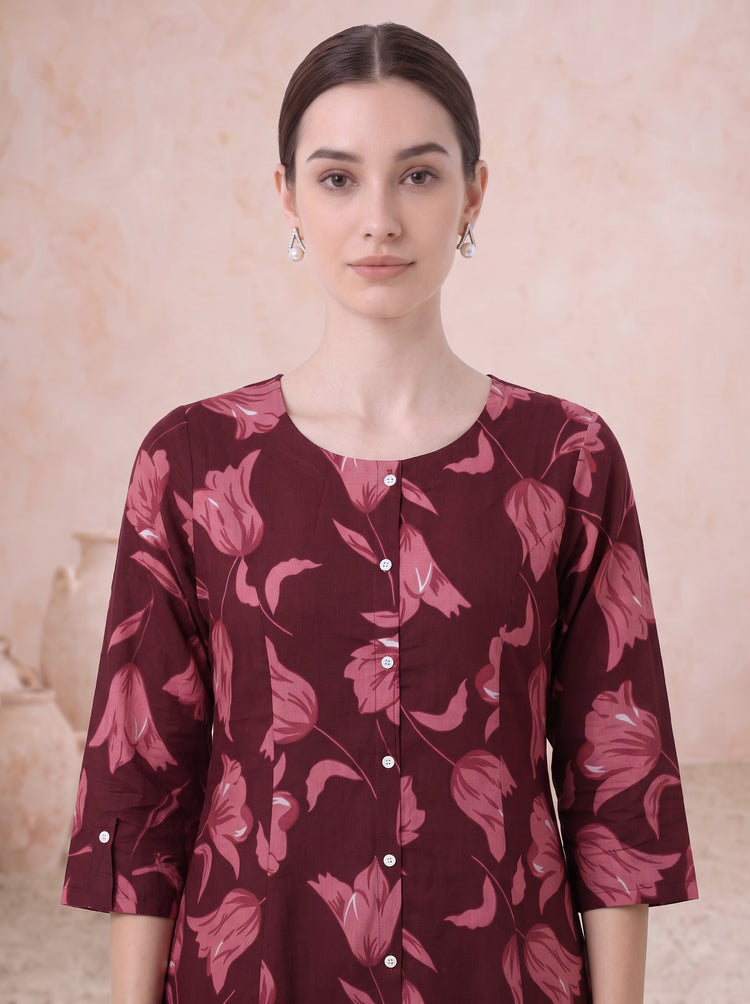 Dark Maroon Pure Cotton Floral Printed Co-Ord