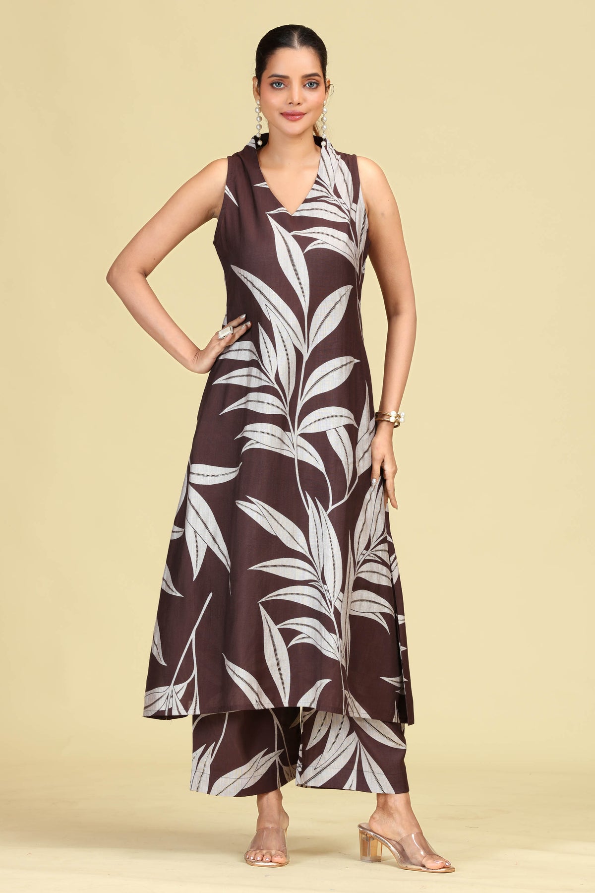 Brown Leaf Print A-Line Co-Ord Set