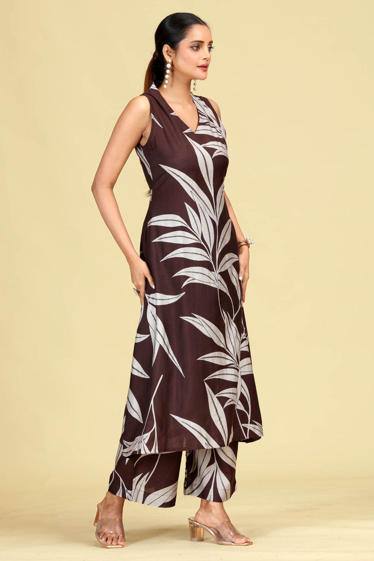 Brown Leaf Print A-Line Co-Ord Set