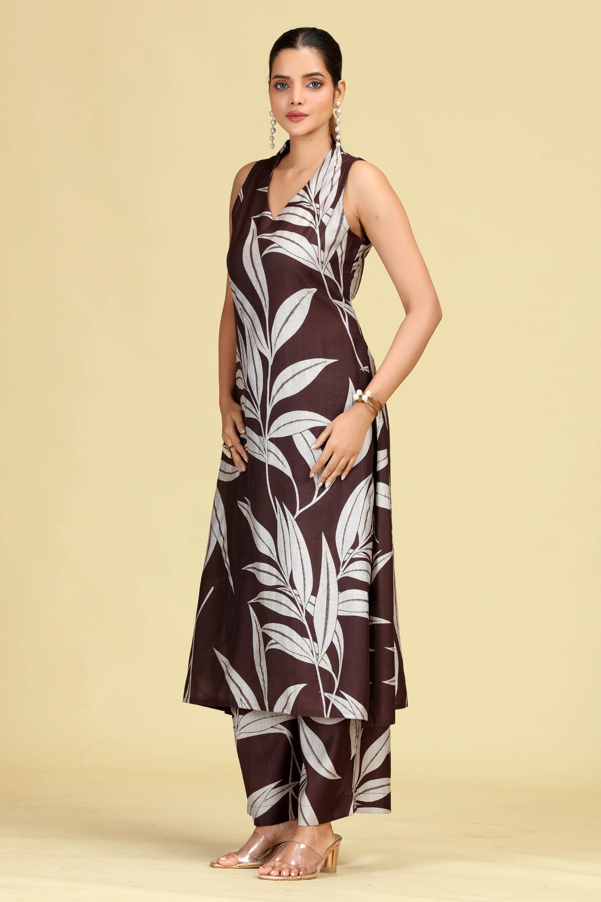 Brown Leaf Print A-Line Co-Ord Set