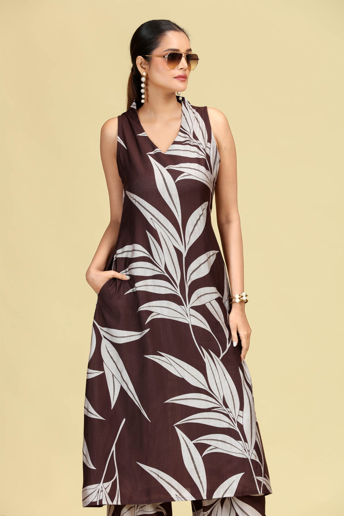 Brown Leaf Print A-Line Co-Ord Set
