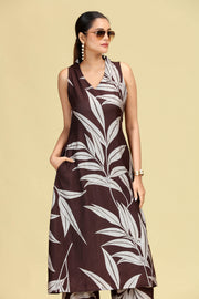 Brown Leaf Print A-Line Co-Ord Set