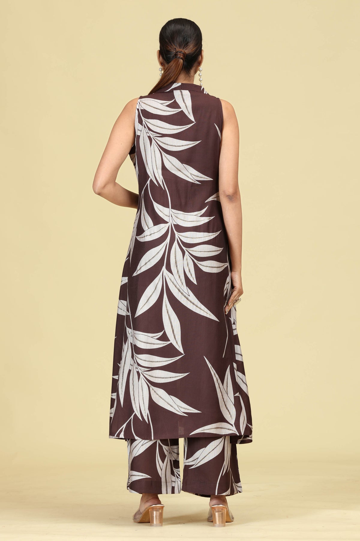 Brown Leaf Print A-Line Co-Ord Set
