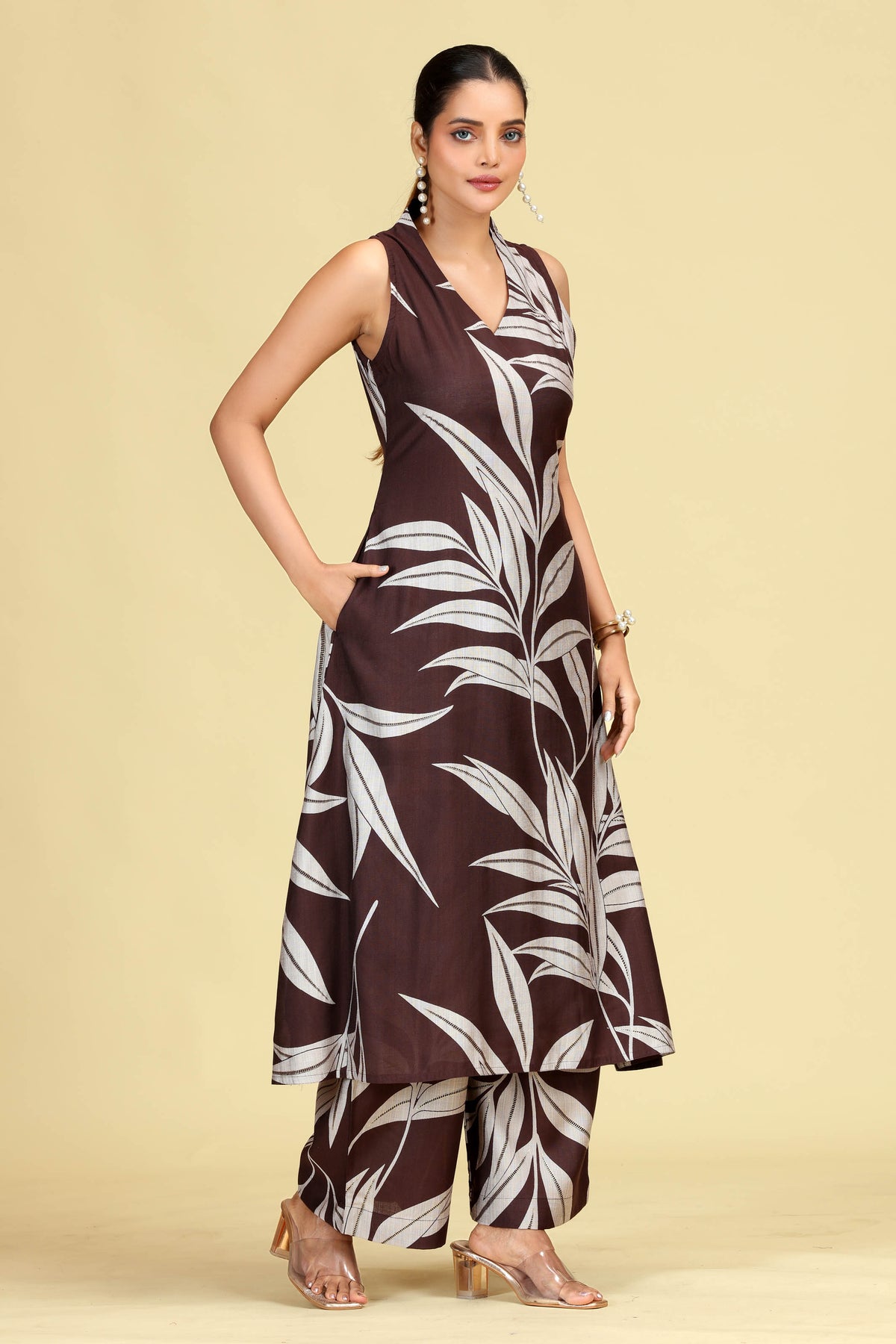 Brown Leaf Print A-Line Co-Ord Set