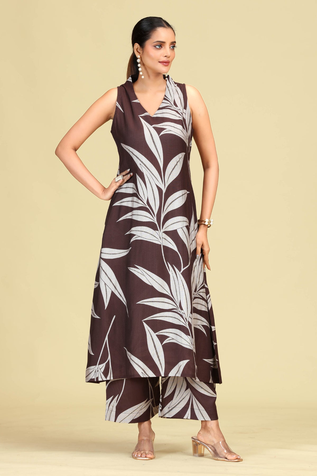Brown Leaf Print A-Line Co-Ord Set