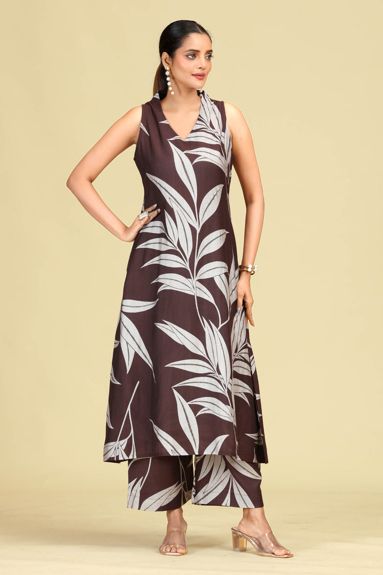Brown Leaf Print A-Line Co-Ord Set