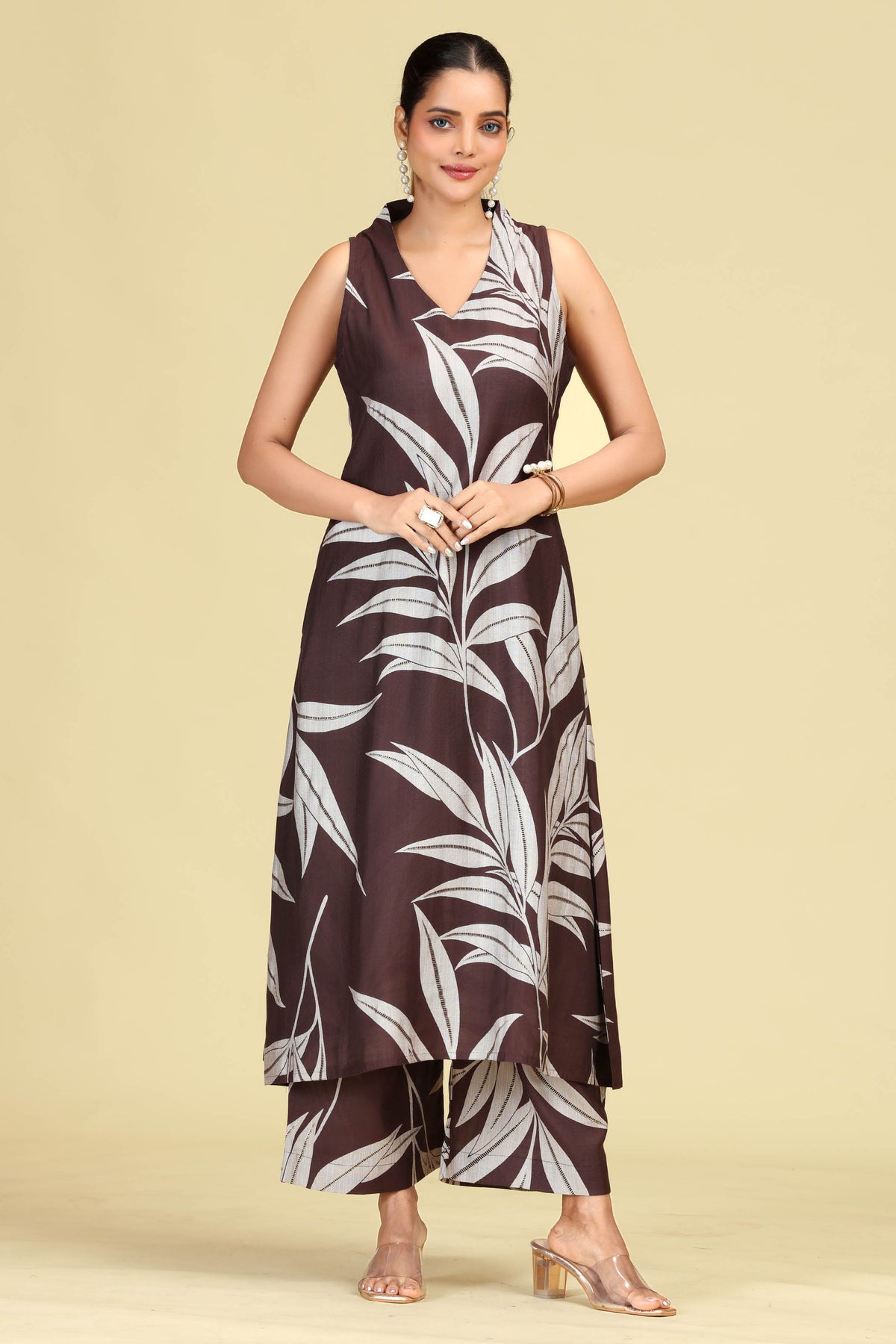 Brown Leaf Print A-Line Co-Ord Set