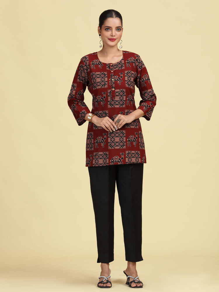 Maroon Pure Cotton camel Printed Short Kurti