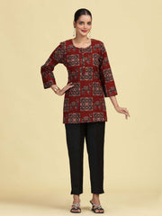 Maroon Pure Cotton camel Printed Short Kurti