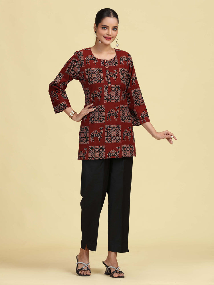 Maroon Pure Cotton camel Printed Short Kurti