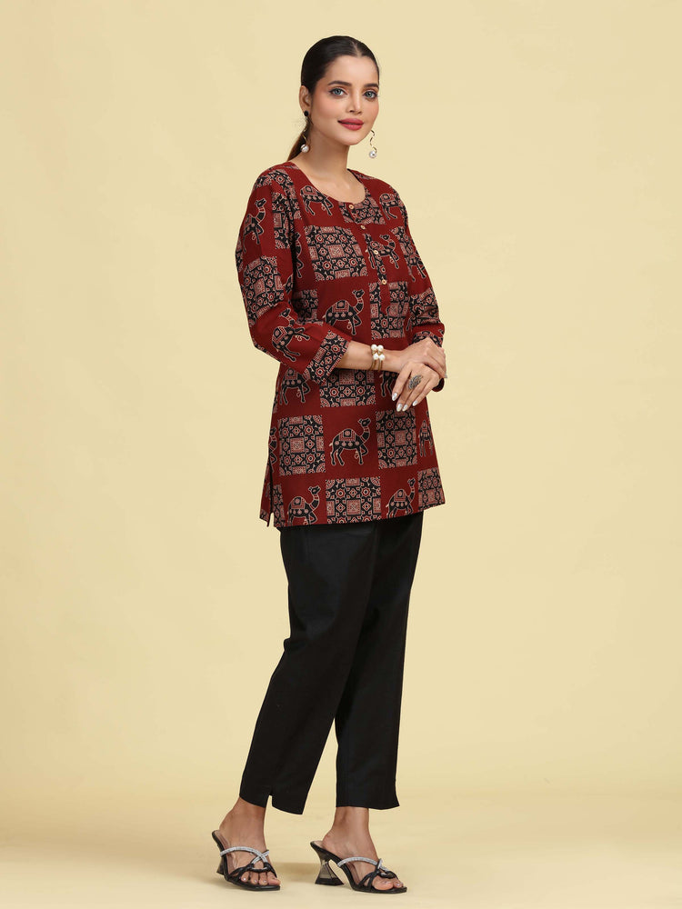 Maroon Pure Cotton camel Printed Short Kurti