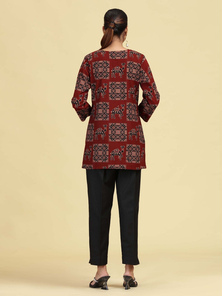 Maroon Pure Cotton camel Printed Short Kurti