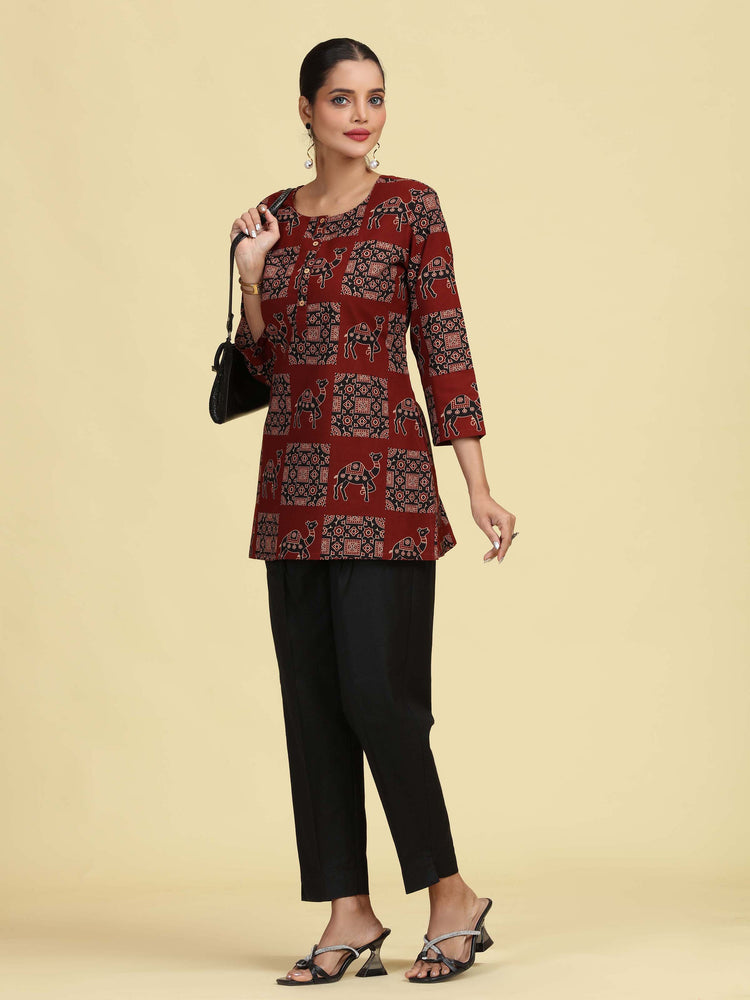 Maroon Pure Cotton camel Printed Short Kurti