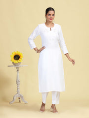 White Pure Cotton Embroidered Straight Kurta