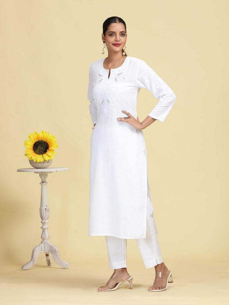 White Pure Cotton Embroidered Straight Kurta
