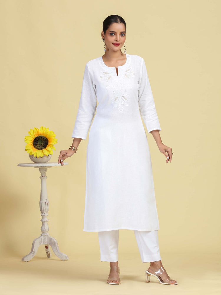 White Pure Cotton Embroidered Straight Kurta