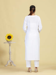 White Pure Cotton Embroidered Straight Kurta