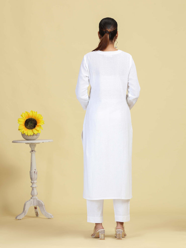 White Pure Cotton Embroidered Straight Kurta