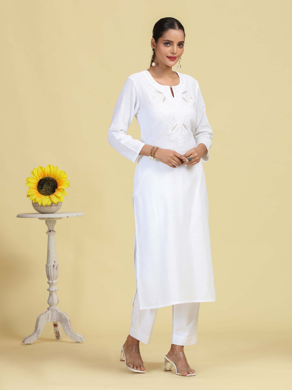 White Pure Cotton Embroidered Straight Kurta