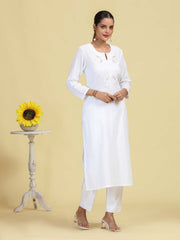 White Pure Cotton Embroidered Straight Kurta