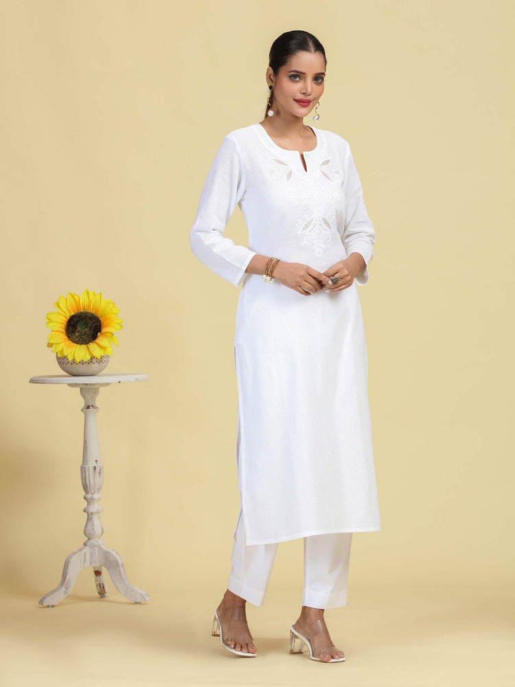 White Pure Cotton Embroidered Straight Kurta