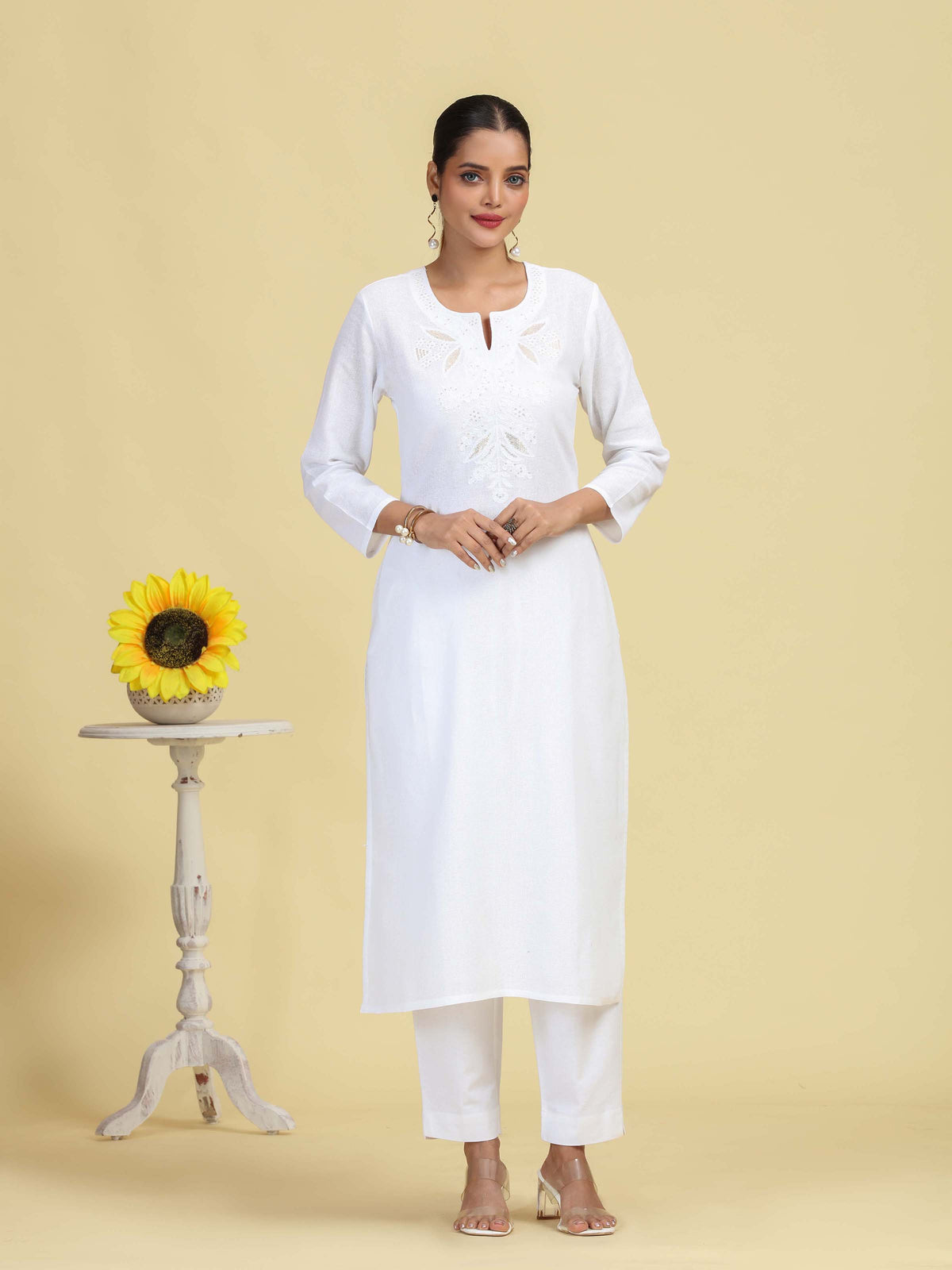 White Pure Cotton Embroidered Straight Kurta