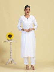 White Pure Cotton Embroidered Straight Kurta
