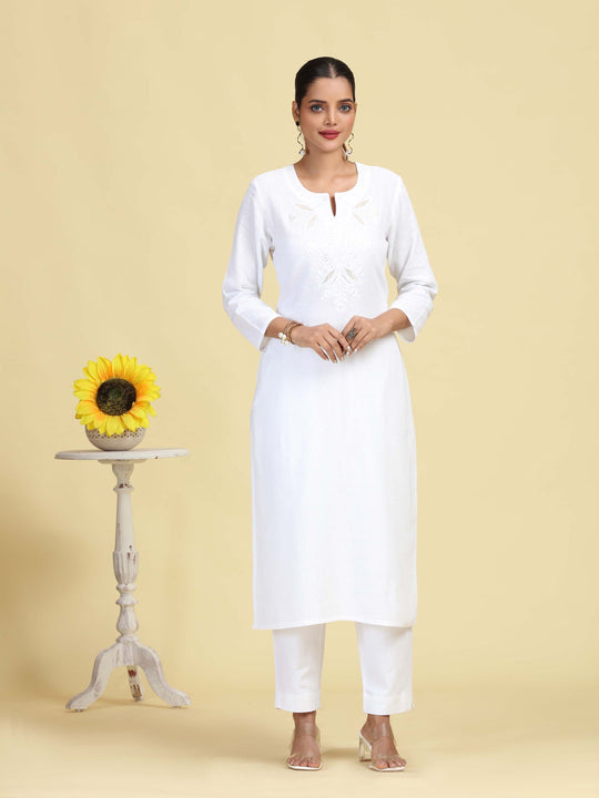 White Pure Cotton Embroidered Straight Kurta