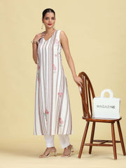 Off White Handloom Cotton Floral Embroidered Sleeveless Kurta