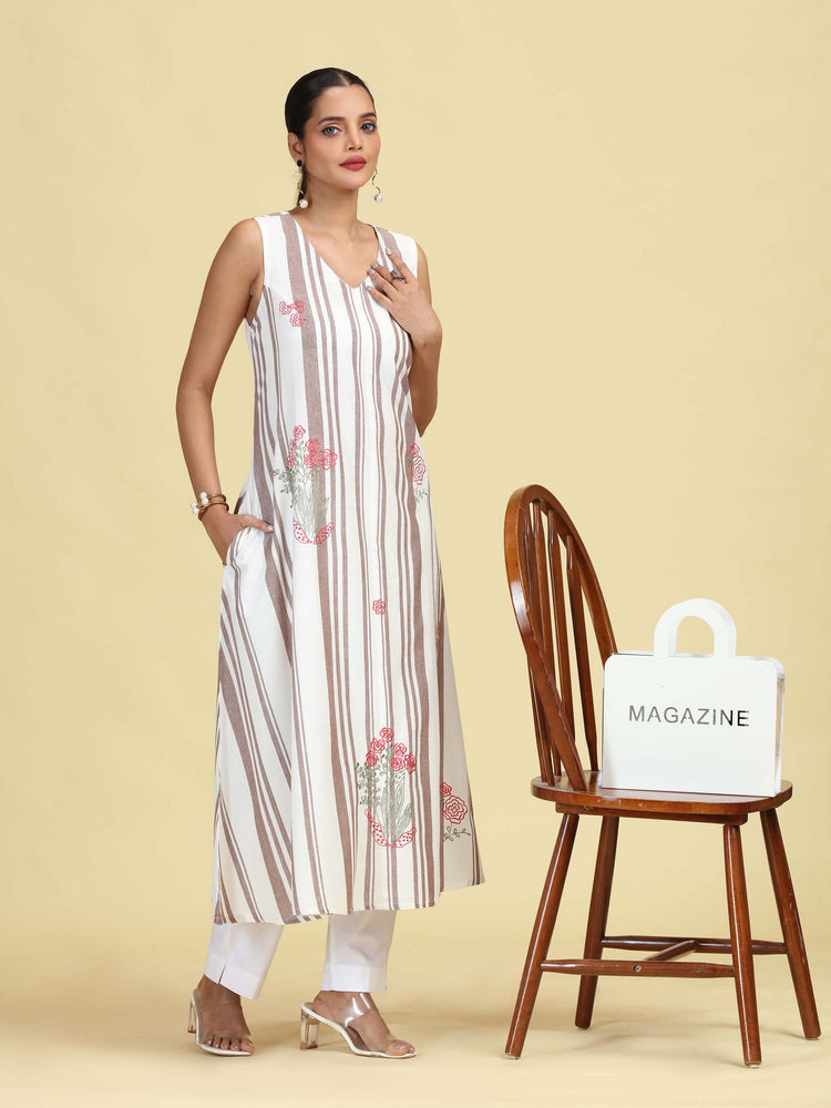 Off White Handloom Cotton Floral Embroidered Sleeveless Kurta